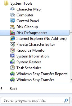 Windows 7 Start Menu, All Programs, System Tools, Disk Defragmenter